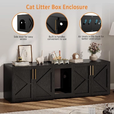 Cat Litter Box Enclosure For 2 Cats, Wooden Litter Box Cabinet, Large Enclosed Cat Box Furniture With Storage Shelf, Soft Cushion 3 Cat Litter Box Enclosure For 2 Cats, Wooden Litter Box Cabinet, Large Enclosed Cat Box Furniture With Storage Shelf, Soft Cushion - Image 3