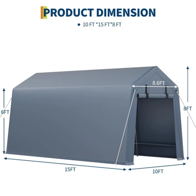 10x15FT Outdoor Storage Shed, Portable Carport With Roll-up Zipper Door And Windows, Heavy Duty Motorcycle Shed Garage Tent For Bike Firewood Tools 5 10x15FT Outdoor Storage Shed, Portable Carport With Roll-up Zipper Door And Windows, Heavy Duty Motorcycle Shed Garage Tent For Bike Firewood Tools - Image 5