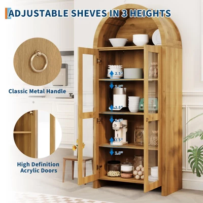 70 Inch Tall Arched Pantry Cabinet With Acrylic Doors - 5-Tier Adjustable Shelf, Wooden Storage, Modern Bookshelf For Kitchen, Dining, Living Room 2 70 Inch Tall Arched Pantry Cabinet With Acrylic Doors - 5-Tier Adjustable Shelf, Wooden Storage, Modern Bookshelf For Kitchen, Dining, Living Room - Image 2