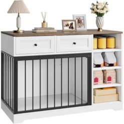 Dog Crate, Wooden Dog Kennel End Table With 2 Drawers And 4 Open Storage Shelves, Removable Bowls 17 Dog Crate, Wooden Dog Kennel End Table With 2 Drawers And 4 Open Storage Shelves, Removable Bowls -Living Aura Store GUEST 621df9a8 7676 4b2c 87cb 9a3818ad3a04