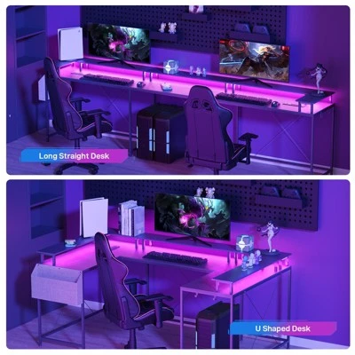 U Shaped Computer Gaming Desk With Power Outlets & LED Lights, Monitor Stand, Large Corner Desk 2 U Shaped Computer Gaming Desk With Power Outlets & LED Lights, Monitor Stand, Large Corner Desk - Image 2