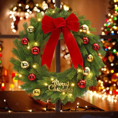 24 Inch Christmas Wreath With Red Bow & Balls, Artificial Pine Greenery Wreath For Home Fireplace Wall Window Porch Entryway 7 24 Inch Christmas Wreath With Red Bow & Balls, Artificial Pine Greenery Wreath For Home Fireplace Wall Window Porch Entryway - Image 7