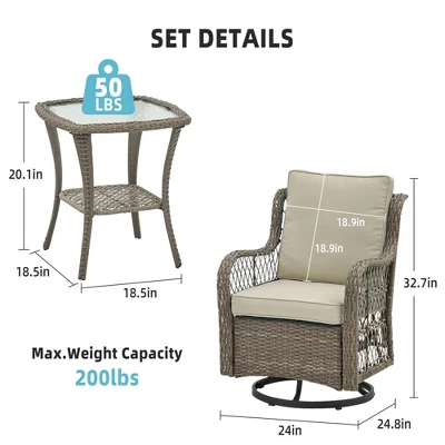 3 Piece Outdoor Patio Set - Wicker Rocking Bistro Set With 2 Swivel Chairs, Tempered Glass Top Table, Rattan Outdoor Furniture, For Porch Backyard 1 3 Piece Outdoor Patio Set - Wicker Rocking Bistro Set With 2 Swivel Chairs, Tempered Glass Top Table, Rattan Outdoor Furniture, For Porch Backyard