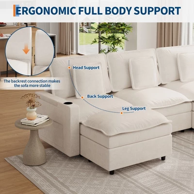 108 Inch Chenille Modular U Shaped Cloud Couch, 3-Seater Sofas With Movable Ottoman And Cup Holder, Sectional Couches For Living Room 5 108 Inch Chenille Modular U Shaped Cloud Couch, 3-Seater Sofas With Movable Ottoman And Cup Holder, Sectional Couches For Living Room - Image 5