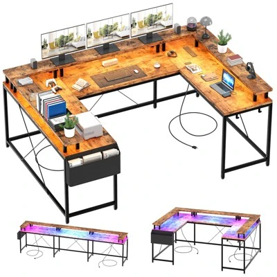 U Shaped Computer Gaming Desk With Power Outlets & LED Lights, Monitor Stand, Large Corner Desk 9 U Shaped Computer Gaming Desk With Power Outlets & LED Lights, Monitor Stand, Large Corner Desk - Image 9