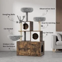Hidden Litter Box Enclosure With Large Cat Tree 57.5 Inch 2-in-1 Modern Multi-Level Pussy Tower Condo Toilet Furniture