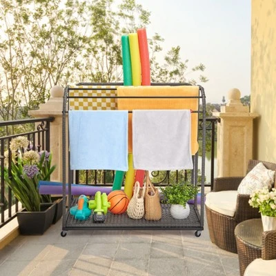 Outdoor Pool Towel Rack, 5 Bar Pool Towel Stand With Rattan Base, Towel Freestanding Rack For Poolside, Patio, Bathroom, Clothing Drying Rack 8 Outdoor Pool Towel Rack, 5 Bar Pool Towel Stand With Rattan Base, Towel Freestanding Rack For Poolside, Patio, Bathroom, Clothing Drying Rack - Image 8