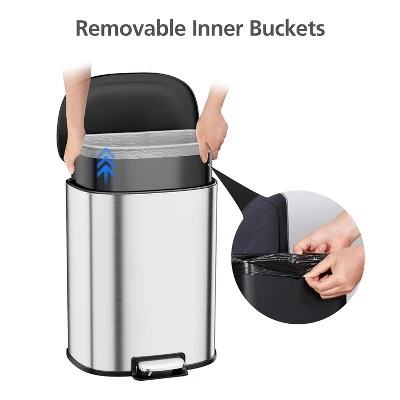 Hands-Free Trash Can, 13 Gallons Stainless Steel Garbage Can With Foot Pedal And Inner Bucket, Semi-Circular Heavy Duty Kitchen Trash Bin, Silver 2 Hands-Free Trash Can, 13 Gallons Stainless Steel Garbage Can With Foot Pedal And Inner Bucket, Semi-Circular Heavy Duty Kitchen Trash Bin, Silver - Image 2