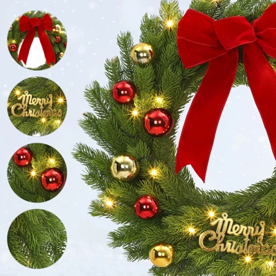 24 Inch Christmas Wreath With Red Bow & Balls, Artificial Pine Greenery Wreath For Home Fireplace Wall Window Porch Entryway 6 24 Inch Christmas Wreath With Red Bow & Balls, Artificial Pine Greenery Wreath For Home Fireplace Wall Window Porch Entryway - Image 6