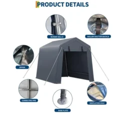 6' X 8' X 7' Outdoor Storage Shed, Portable Garage Tent With Waterproof PE Tarp, Roll-Up Zippered Doors & Vents For Bike, ATV, Motorcycle, Grey