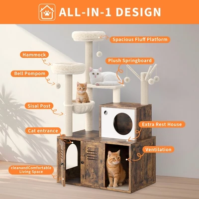 Litter Box Enclosure With Cat Tree Tower & Condo - Hidden Pet Washroom With Sisal Scratching Post, Hammocks, Condo, Multi Platform, Soft Plush Perch 1 Litter Box Enclosure With Cat Tree Tower & Condo - Hidden Pet Washroom With Sisal Scratching Post, Hammocks, Condo, Multi Platform, Soft Plush Perch