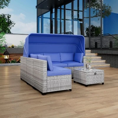 6 Pieces Patio Sectional Sofa Set, PE Rattan Daybed, Outdoor Wicker Sunbed Chaise Chair, Adjustable Backrest, For Poolside, Backyard 11 6 Pieces Patio Sectional Sofa Set, PE Rattan Daybed, Outdoor Wicker Sunbed Chaise Chair, Adjustable Backrest, For Poolside, Backyard - Image 11
