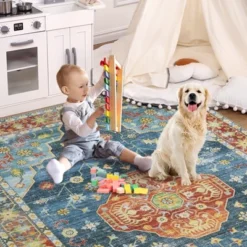 Wasshable Vintage Distressed Floral Print Living Room Bedroom Area Rug, Chenille Non Slip Floor Carpet For Dining Room Home Office -Living Aura Store GUEST 728f086d 286f 429b 8a67 94761d16c92f