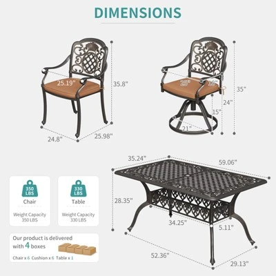 7 Piece Patio Furniture Dining Set, All-Weather Outdoor Table And Chairs For 6, Includes 4 Dining Chair & 2 Swivel Chairs & 60'' Rectangular Table 2 7 Piece Patio Furniture Dining Set, All-Weather Outdoor Table And Chairs For 6, Includes 4 Dining Chair & 2 Swivel Chairs & 60'' Rectangular Table - Image 2