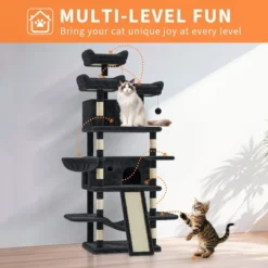 68.5" Multi-Level Cat Tree For Indoor, Heavy Duty Adult Cat Tower With 2 Condos, Plush Perches, Sisal Scratching Posts,Hammocks,Basket,Dangling Balls