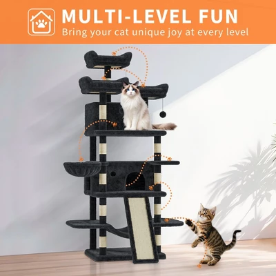 68.5" Multi-Level Cat Tree For Indoor, Heavy Duty Adult Cat Tower With 2 Condos, Plush Perches, Sisal Scratching Posts,Hammocks,Basket,Dangling Balls 1 68.5" Multi-Level Cat Tree For Indoor, Heavy Duty Adult Cat Tower With 2 Condos, Plush Perches, Sisal Scratching Posts,Hammocks,Basket,Dangling Balls