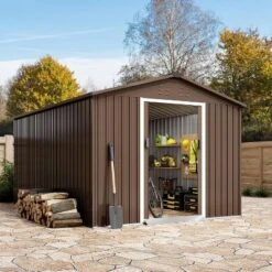 10X10 FT Outdoor Storage Shed, Galvanized Steel Storage Shed, Steel Sliding Doors, Weather Resistant, Garden Tool Shed With Lockable Door -Living Aura Store GUEST 7db62587 e67b 4e2c a94c be6879a4b28c
