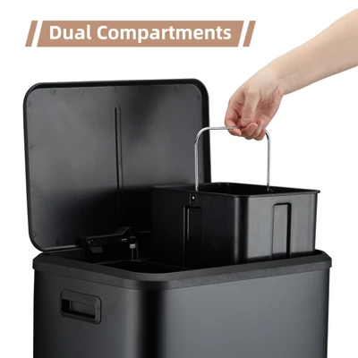 8 Gallon Dual Compartment Trash Can With Inner Buckets, Stainless Steel Garbage Can, Soft Close Lid 1 8 Gallon Dual Compartment Trash Can With Inner Buckets, Stainless Steel Garbage Can, Soft Close Lid
