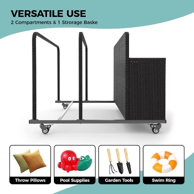 Outdoor Cart Storage Box, Iron Pipe & Woven Rattan, Swivel Wheels, Double Compartments, Large Basket, 39.4", Weather-Resistant, 110 Lbs Capacity 4 Outdoor Cart Storage Box, Iron Pipe & Woven Rattan, Swivel Wheels, Double Compartments, Large Basket, 39.4", Weather-Resistant, 110 Lbs Capacity - Image 4