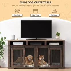 71" Dog Crate Furniture, Double Dog Crate Table, Double Dog Kennel Furniture With 3 Storages And Removable Divider For Large Medium Dogs