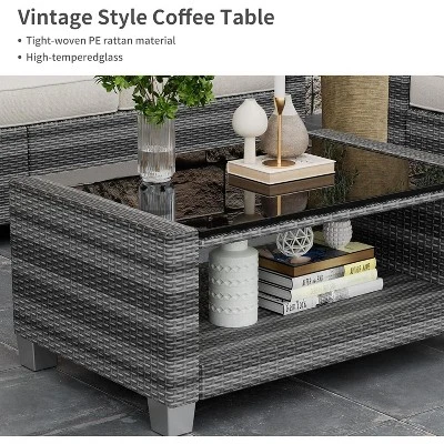 Outdoor Wicker Patio Furniture Sectional Set, Glass Top Table With Hidden Storage, Includes 7 Seating Components, Natural Rattan With Cushions 4 Outdoor Wicker Patio Furniture Sectional Set, Glass Top Table With Hidden Storage, Includes 7 Seating Components, Natural Rattan With Cushions - Image 4