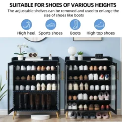 5 Tier Shoe Storage Cabinet With Glass Doors & Adjustable Shelf For Entryway, 20 Pairs Slim Wood Shoe Rack Organizer For Hallway Apartments