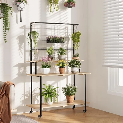3 Tier Plant Stand With Wheels, Gridwall Display Stand With Gridwall Panels & Hanging Bar, Heavy Duty Metal Plant Shelf Rack For Home Garden 4 3 Tier Plant Stand With Wheels, Gridwall Display Stand With Gridwall Panels & Hanging Bar, Heavy Duty Metal Plant Shelf Rack For Home Garden - Image 4