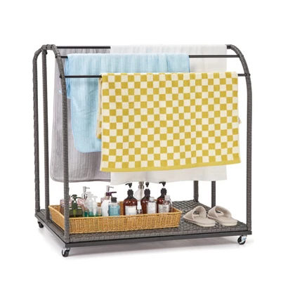 Outdoor Pool Towel Rack, 5 Bar Pool Towel Stand With Rattan Base, Towel Freestanding Rack For Poolside, Patio, Bathroom, Clothing Drying Rack 2 Outdoor Pool Towel Rack, 5 Bar Pool Towel Stand With Rattan Base, Towel Freestanding Rack For Poolside, Patio, Bathroom, Clothing Drying Rack - Image 2