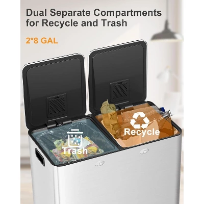 60L/16 Gal Kitchen Trash Can With Separate Lids,2×8 Gal Pedal Trash Bin With Removable Basket,Stainless Steel Garbage Can For Kitchen Office 2 60L/16 Gal Kitchen Trash Can With Separate Lids,2×8 Gal Pedal Trash Bin With Removable Basket,Stainless Steel Garbage Can For Kitchen Office - Image 2