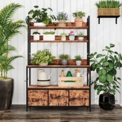 5-Tier Kitchen Bakers Rack With Charging Station & Drawers, Utility Shelves With Hooks For Kitchen, Independent Baker's Rack For Dining Room, Office