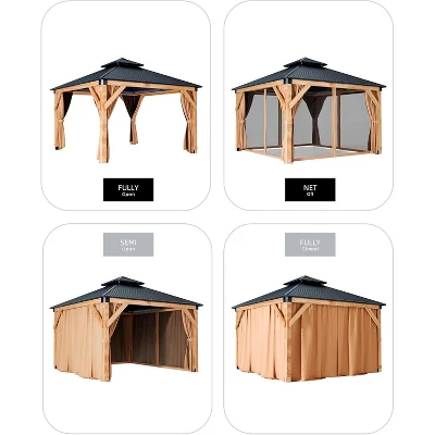 10x10 FT Hardtop Wood Gazebo For All Weather, Double Metal Roof, Wooden Frame, Net, And Curtain, For Patio, Deck, Backyard, Lawn, And Garden, Khaki 2 10x10 FT Hardtop Wood Gazebo For All Weather, Double Metal Roof, Wooden Frame, Net, And Curtain, For Patio, Deck, Backyard, Lawn, And Garden, Khaki - Image 2