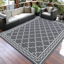 5x8 FT Waterproof Outdoor Plastic Straw Rug For Patio Reversible Portable Plastic Straw Rug, For Porch, Backyard, Balcony, Grey/White -Living Aura Store GUEST 97f7d7ff 4697 4597 9d4a 4147a8b98182