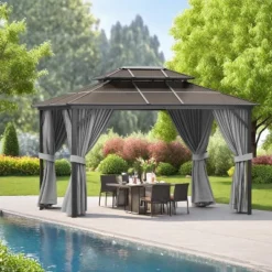 10' X 10' Aluminum Hardtop Gazebo With Galvanized Steel Double Roof Canopy, Outdoor Pergola With Curtains And Netting For Patio Backyard Deck, Grey 15 10' X 10' Aluminum Hardtop Gazebo With Galvanized Steel Double Roof Canopy, Outdoor Pergola With Curtains And Netting For Patio Backyard Deck, Grey -Living Aura Store GUEST 9f5ebc73 50fb 4544 81e0 22f42417f03f