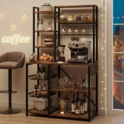 Bakers Rack With Power Outlets & Hooks, Industrial Microwave Stand With Storage, Slim Coffee Bar Station Kitchen Shelves For Small Spaces -Living Aura Store GUEST a17dea15 32f7 4f11 8bf0 a6aea9bdfa0a