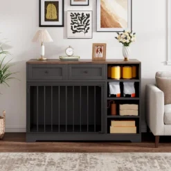 Dog Crate, Wooden Dog Kennel End Table With 2 Drawers And 4 Open Storage Shelves, Removable Bowls 12 Dog Crate, Wooden Dog Kennel End Table With 2 Drawers And 4 Open Storage Shelves, Removable Bowls -Living Aura Store GUEST a1a57cd7 025a 4fd8 bf03 69b1cfeb91fb