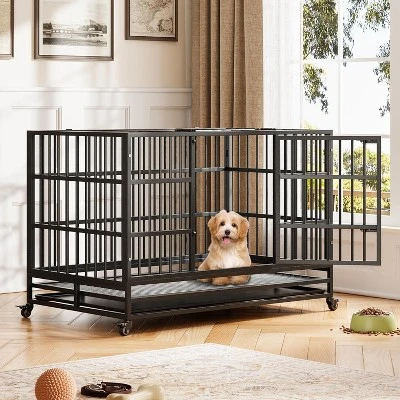 Heavy Duty Indestructible Dog Crate Steel Escape Proof, Indoor Dog House High Anxiety Cage, Kennel With Wheels, Removable Tray 11 Heavy Duty Indestructible Dog Crate Steel Escape Proof, Indoor Dog House High Anxiety Cage, Kennel With Wheels, Removable Tray - Image 11