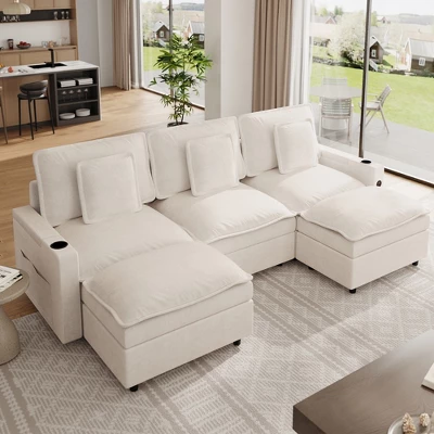 108 Inch Chenille Modular U Shaped Cloud Couch, 3-Seater Sofas With Movable Ottoman And Cup Holder, Sectional Couches For Living Room 7 108 Inch Chenille Modular U Shaped Cloud Couch, 3-Seater Sofas With Movable Ottoman And Cup Holder, Sectional Couches For Living Room - Image 7