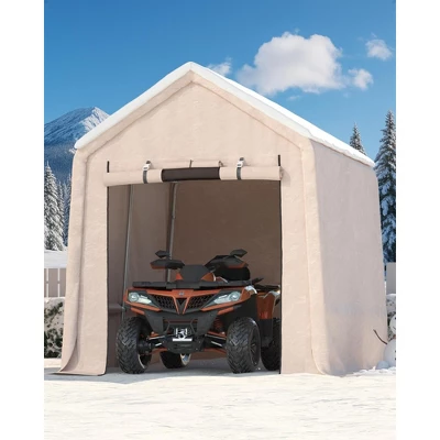 10x10FT Outdoor Storage Shed Carport With Roll-Up Zipper Door, Portable Garage Storage Shelter Heavy Duty Waterproof PE Tarp For Bike, ATV, Khaki 6 10x10FT Outdoor Storage Shed Carport With Roll-Up Zipper Door, Portable Garage Storage Shelter Heavy Duty Waterproof PE Tarp For Bike, ATV, Khaki - Image 6