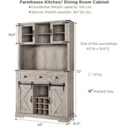 Farmhouse Coffee Bar Cabinet, 72" Tall Kitchen Hutch With 2 Sliding Barn Doors, 3 Drawers, Wine & Glass Rack, Pantry Storage Cabinets, Oak Grey -Living Aura Store GUEST aad9b6be 01c9 4c6f b208 e1dd4fe7415a