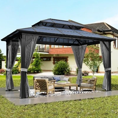 10x13 FT Outdoor Gazebo With Polycarbonate Double Roof, Aluminum Frame Pergola With Curtains And Netting For Patio, Garden, Patio, Lawns, Khaki 4 10x13 FT Outdoor Gazebo With Polycarbonate Double Roof, Aluminum Frame Pergola With Curtains And Netting For Patio, Garden, Patio, Lawns, Khaki - Image 4