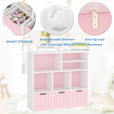 Toy Storage Cabinet W/Drawers Cubes, Children's Toy Shelf Kids Bookshelf W/Wheels, Kids Bookcase Toy Storage Organizer For Bedroom Playroom Nursery 3 Toy Storage Cabinet W/Drawers Cubes, Children's Toy Shelf Kids Bookshelf W/Wheels, Kids Bookcase Toy Storage Organizer For Bedroom Playroom Nursery - Image 3