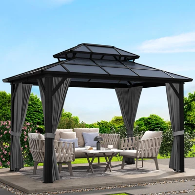 10x13 FT Outdoor Gazebo With Polycarbonate Double Roof, Aluminum Frame Pergola With Curtains And Netting For Patio, Garden, Patio, Lawns, Khaki 7 10x13 FT Outdoor Gazebo With Polycarbonate Double Roof, Aluminum Frame Pergola With Curtains And Netting For Patio, Garden, Patio, Lawns, Khaki - Image 7