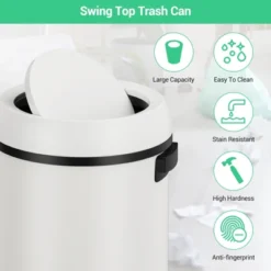 17 Gallon/65 Liter Swing Top Trash Can, Stainless Steel Rubbish Bin, Commercial Grade Waste Container, Round Garbage Can For Outdoor, Indoor White -Living Aura Store GUEST b198aa9c 2bff 46aa 985c 989b20499c04