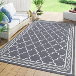 5x8 FT Waterproof Outdoor Plastic Straw Rug For Patio Reversible Portable Plastic Straw Rug, For Porch, Backyard, Balcony, Grey/White -Living Aura Store GUEST b1c5ee95 4ede 43df 9f46 c19a0dbaff6f