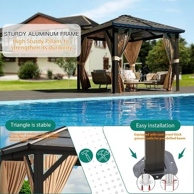 Hardtop Gazebo, Polycarbonate Roof Outdoor Canopy, Aluminum Frame Pavilion, With Netting And Sunshade Curtains, For Backyard, Patio, Lawns, Parties 3 Hardtop Gazebo, Polycarbonate Roof Outdoor Canopy, Aluminum Frame Pavilion, With Netting And Sunshade Curtains, For Backyard, Patio, Lawns, Parties - Image 3