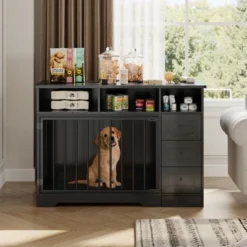 48'' High Quality Wood Dog Crate Furniture With Bowl & Storage Drawers For Small Medium, Black -Living Aura Store GUEST b4945c66 1759 4d7d b04f d4dceb982919
