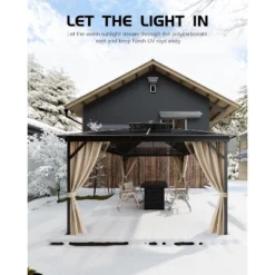 12'x16' Hardtop Gazebo, Outdoor Polycarbonate Double Roof Canopy, Aluminum Frame Pergola With Curtains And Netting For Garden, Patio, Lawns, Khaki