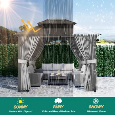 10' X 10' Aluminum Hardtop Gazebo With Galvanized Steel Double Roof Canopy, Outdoor Pergola With Curtains And Netting For Patio Backyard Deck, Grey 1 10' X 10' Aluminum Hardtop Gazebo With Galvanized Steel Double Roof Canopy, Outdoor Pergola With Curtains And Netting For Patio Backyard Deck, Grey