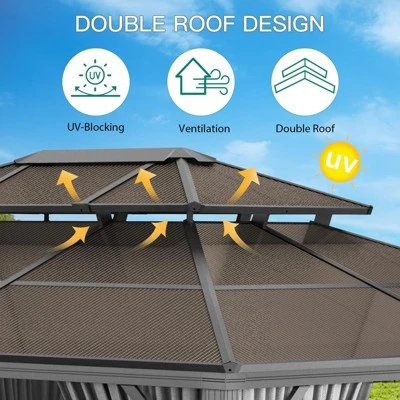 10' X 10' Aluminum Hardtop Gazebo With Galvanized Steel Double Roof Canopy, Outdoor Pergola With Curtains And Netting For Patio Backyard Deck, Grey 2 10' X 10' Aluminum Hardtop Gazebo With Galvanized Steel Double Roof Canopy, Outdoor Pergola With Curtains And Netting For Patio Backyard Deck, Grey - Image 2