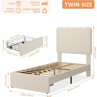 Twin Bed Frame With Under-Bed Drawer Storage – Velvet/Boucle Upholstered Wave Headboard For Girls, Wood Slat Support (No Box Spring), White/Pink 1 Twin Bed Frame With Under-Bed Drawer Storage – Velvet/Boucle Upholstered Wave Headboard For Girls, Wood Slat Support (No Box Spring), White/Pink